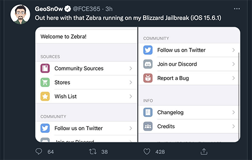 Zebra running on Blizzard Jailbreak (iOS 15.6.1)