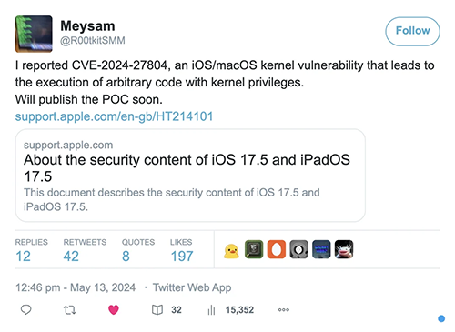 iOS Kernel Vulnerability CVE-2024-27804