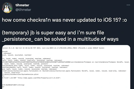 tihmstar iOS 15 Checkra1n Jailbreak